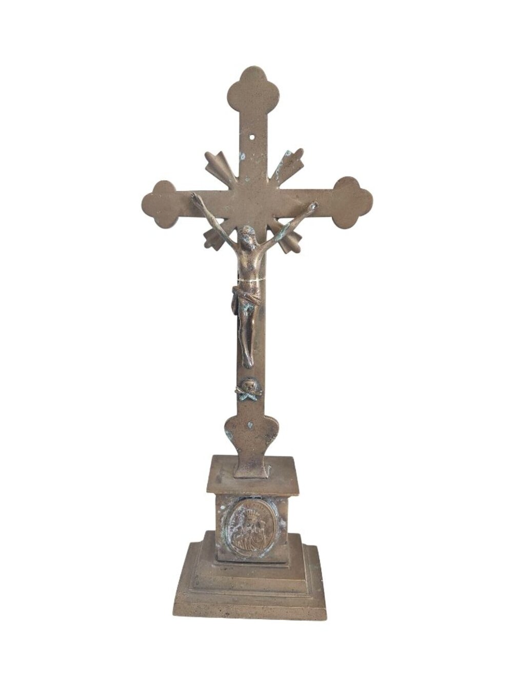 Antique heavy brass Crucifix Cross with Skull cross bones and Mary, Jesus Medall
